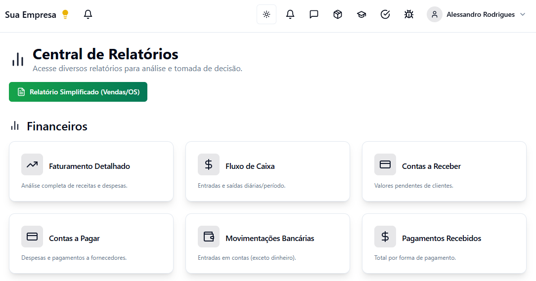 Visual do módulo Dashboard com indicadores da operação